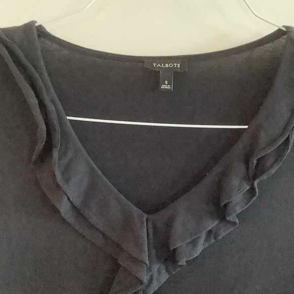 Talbots elbow length sleeve black ruffle neck top - Picture 2 of 2